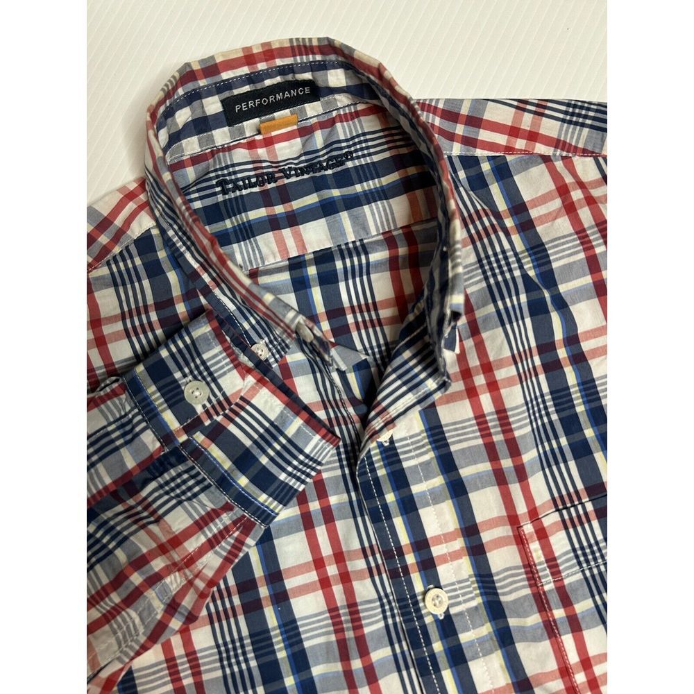 Tailor Vintage Men's Performance Medium Red Blue Plaid Long Sleeve Button Down‎ - Picture 1 of 9